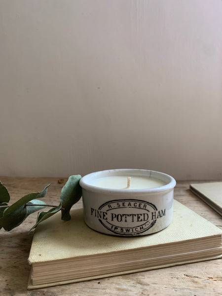 Vintage Seager Pot, Fine Potted Ham, Ipswich, Candle in Seasalt & Woodsage