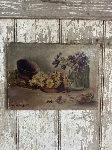 Antique French Floral Oil on Canvas 1912