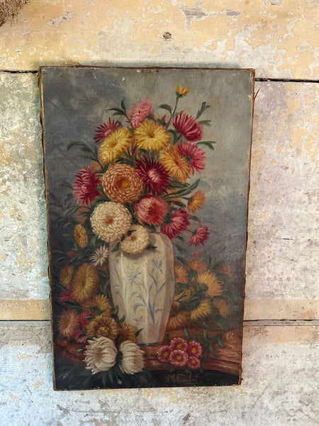 Antique French Floral Oil on Canvas