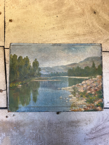 French Landscape Riverside Oil on Board