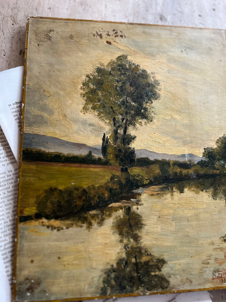 Vintage Lake View Oil Painting 1920s