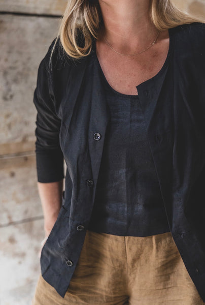 Stretch Linen Collarless Jacket