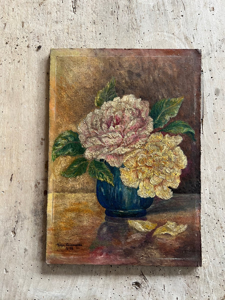 Antique French Floral Painting on Board