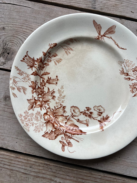 Brown Vintage Floral Plate with Dragonfly