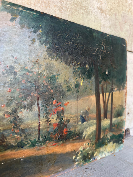 French Garden Landscape Painting Oil on Board