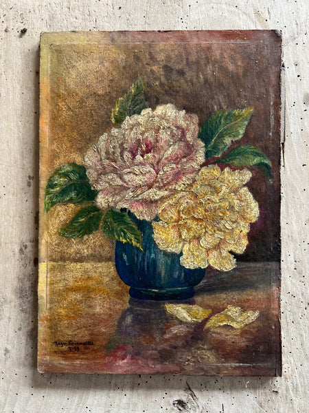 Antique French Floral Painting on Board