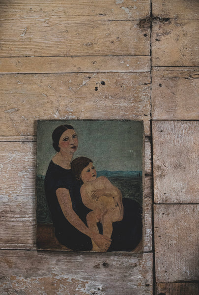Antique French Mother & Child oil on canvas 1937