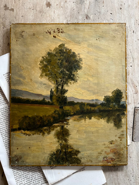 Vintage Lake View Oil Painting 1920s