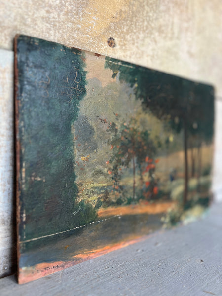 French Garden Landscape Painting Oil on Board