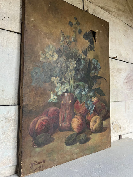 Rustic Floral and Fruit Oil Painting on Canvas 1936