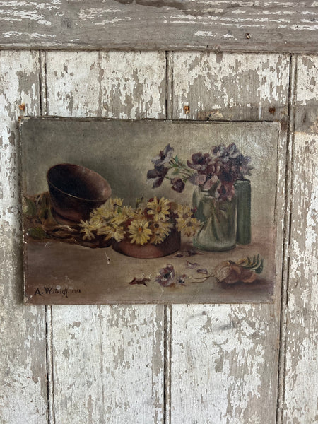 Antique French Floral Oil on Canvas 1912