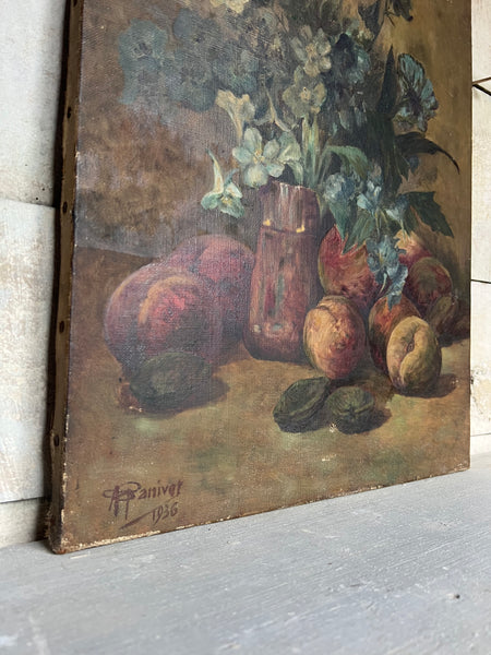 Rustic Floral and Fruit Oil Painting on Canvas 1936