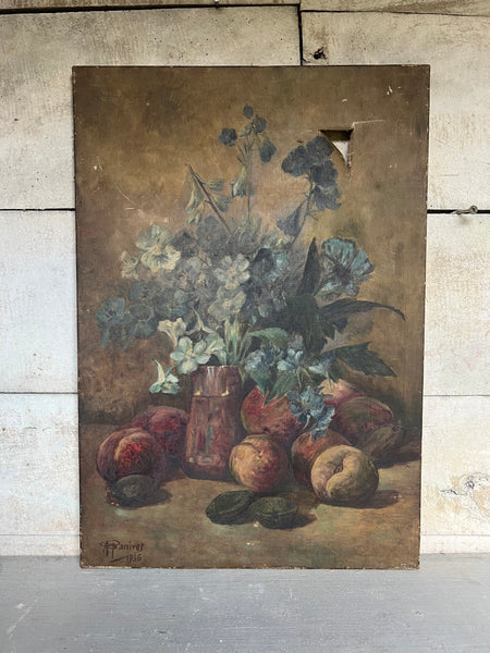 Rustic Floral and Fruit Oil Painting on Canvas 1936