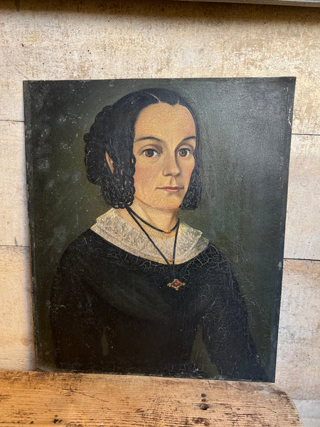 French Female Antique Portrait in Oil