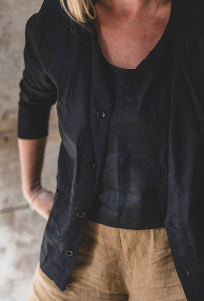 Stretch Linen Collarless Jacket