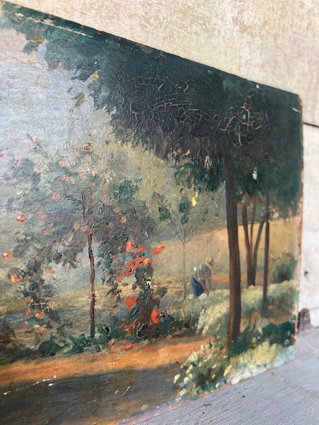 French Garden Landscape Painting Oil on Board