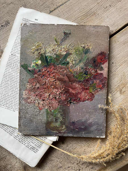 Antique French Floral Painting on Board