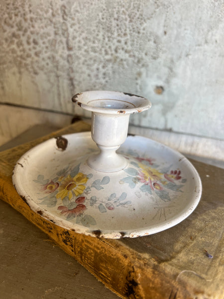 Rustic Vintage Enamel Candlestick Holder Floral