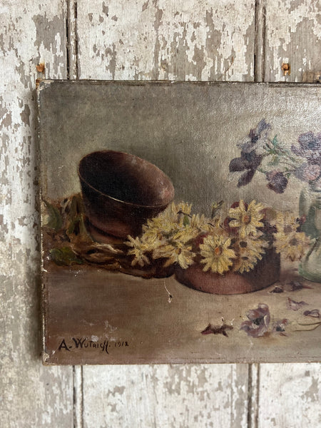 Antique French Floral Oil on Canvas 1912