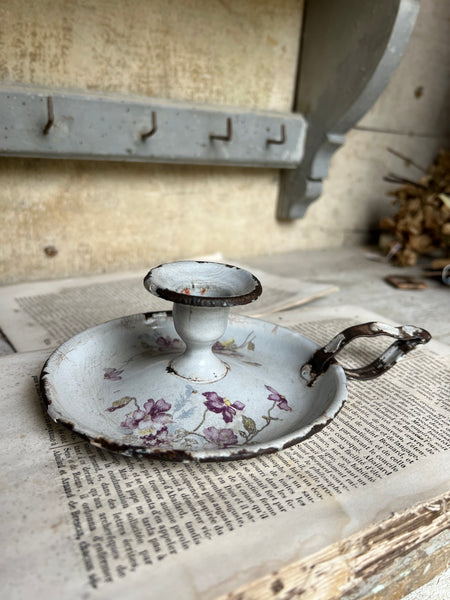 Vintage Enamel Candlestick Holder Floral