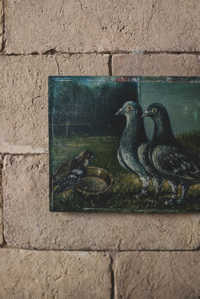 Antique French Pigeon Oil Painting