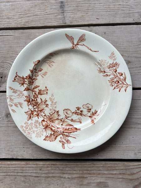 Brown Vintage Floral Plate with Dragonfly