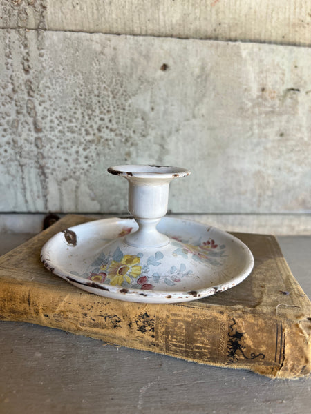 Rustic Vintage Enamel Candlestick Holder Floral