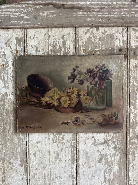 Antique French Floral Oil on Canvas 1912