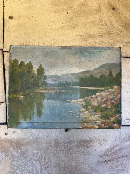 French Landscape Riverside Oil on Board