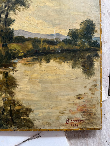 Vintage Lake View Oil Painting 1920s