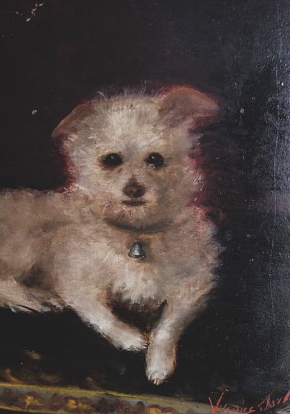 Large Antique French Dog Painting 1898