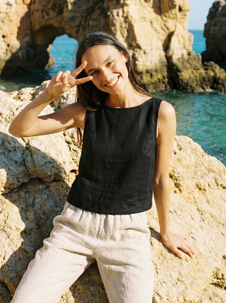 Sleeveless Linen Tank Top Black