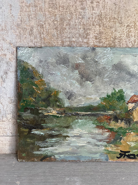 French Landscape Riverside Oil on Board