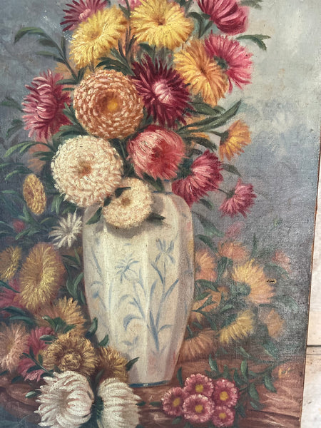 Antique French Floral Oil on Canvas