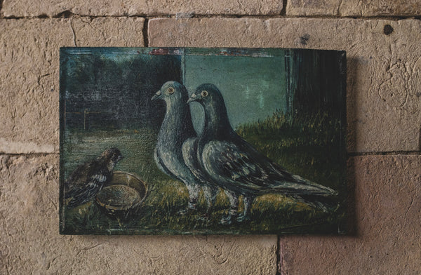 Antique French Pigeon Oil Painting