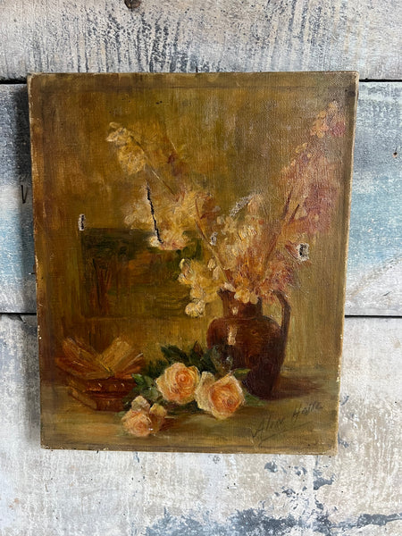 Rustic Floral Oil on Canvas