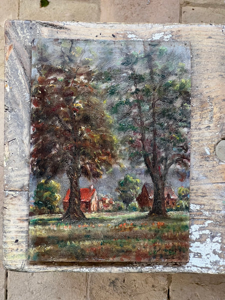 Vintage House Oil Painting on Board