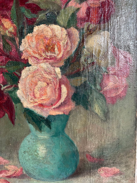 Antique French Floral Oil on Canvas