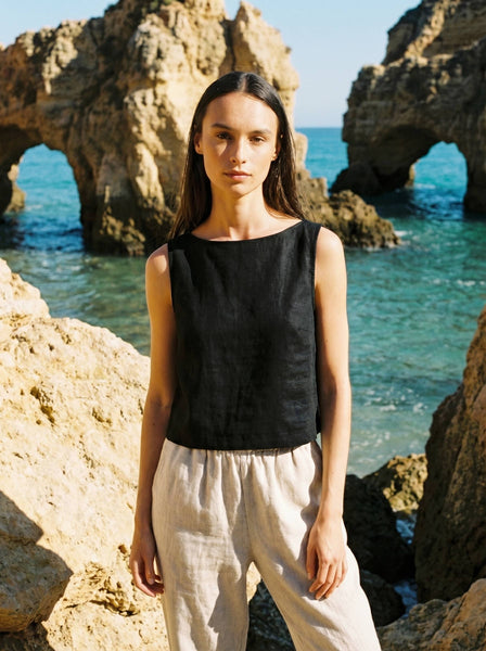 Sleeveless Linen Tank Top Black