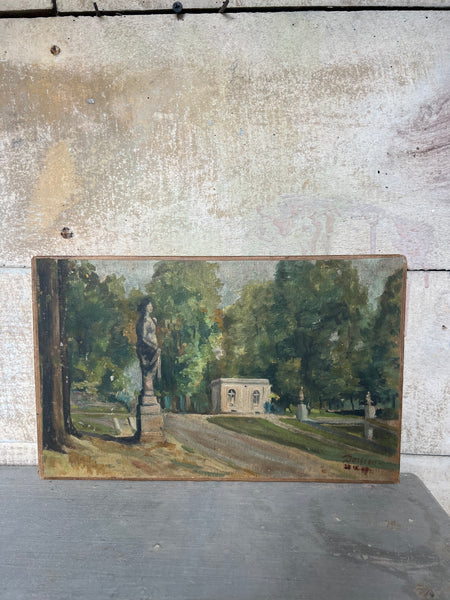French Garden Landscape Painting Oil on Board