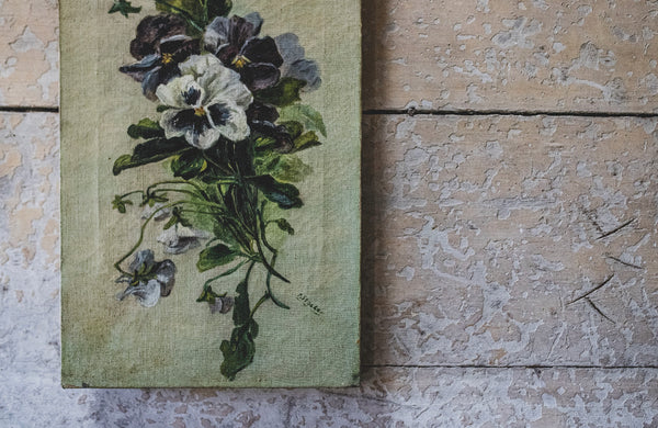 French Vintage Floral Pansy Painting on Canvas