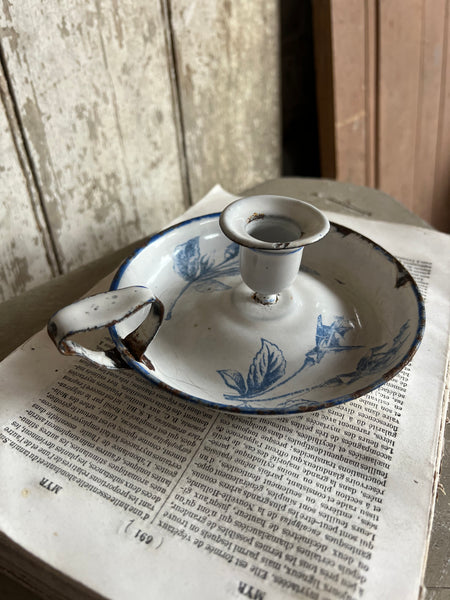 Vintage Enamel Candlestick Holder Floral Bold Blue