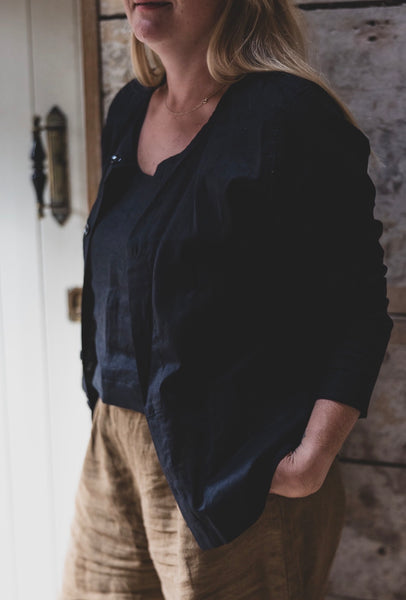 Stretch Linen Collarless Jacket