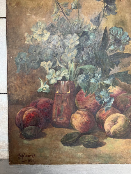 Rustic Floral and Fruit Oil Painting on Canvas 1936
