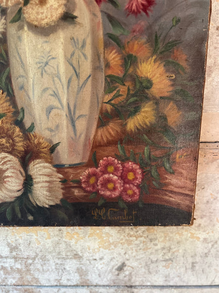 Antique French Floral Oil on Canvas