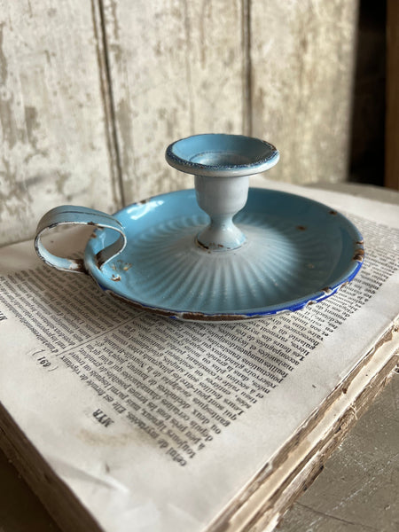 Vintage Enamel Candlestick Holder Blue