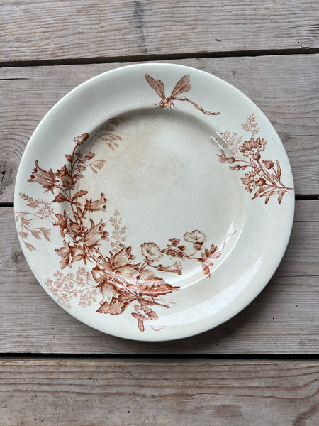 Brown Vintage Floral Plate with Dragonfly