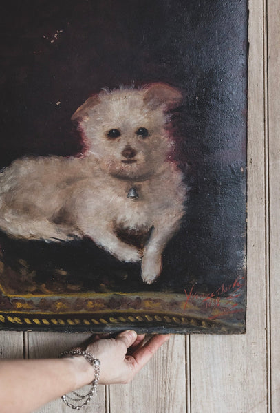 Large Antique French Dog Painting 1898