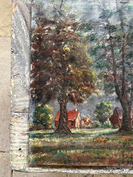 Vintage House Oil Painting on Board