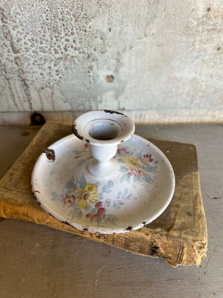 Rustic Vintage Enamel Candlestick Holder Floral